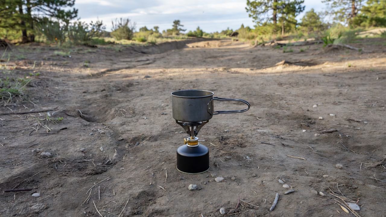 Compact canister backpacking stove beside a metal pot on bare ground, empty campsite, natural daylight