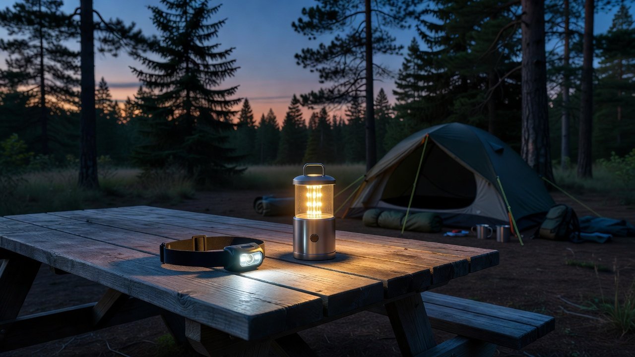 LED headlamp resting on a picnic table beside a compact lantern at a dusk campsite, no people