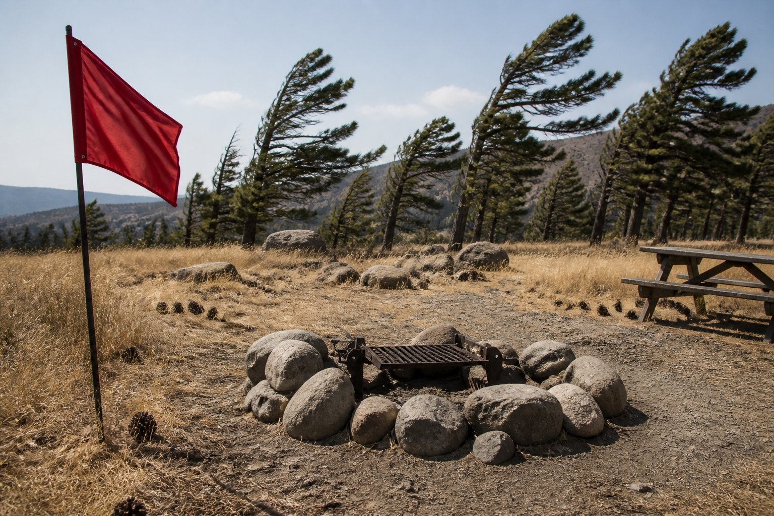 Dry forest landscape under hazy sky with warning sign at campground entrance during elevated fire weather
