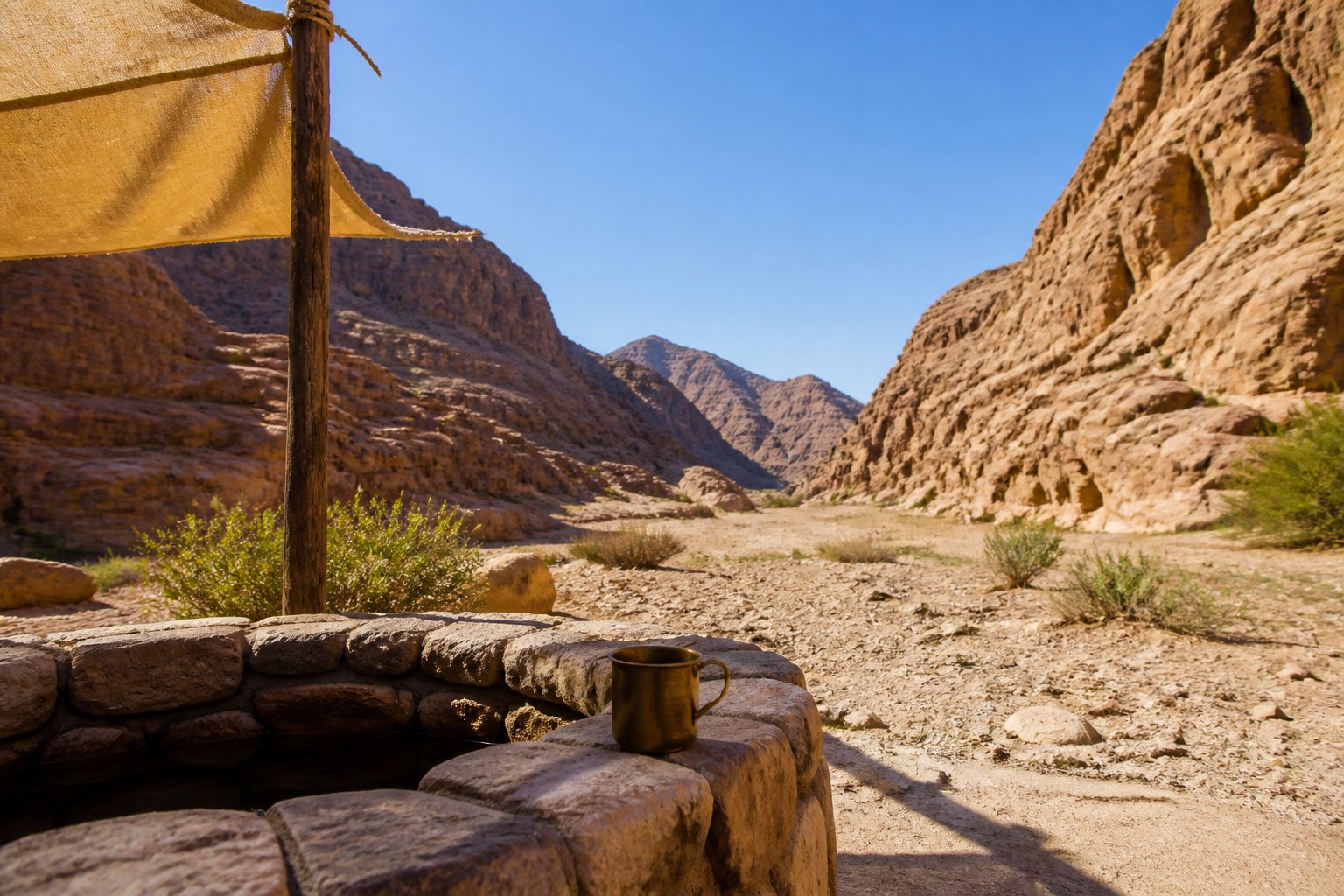 Sun-baked desert canyon trail with sparse shade and layered red rock walls at midday