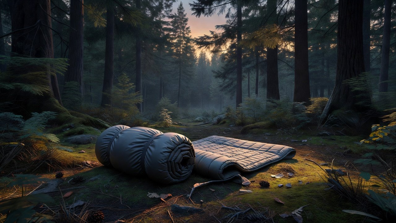 Rolled sleeping bag and insulated pad on a quiet forest campsite at dusk, no people, soft natural light